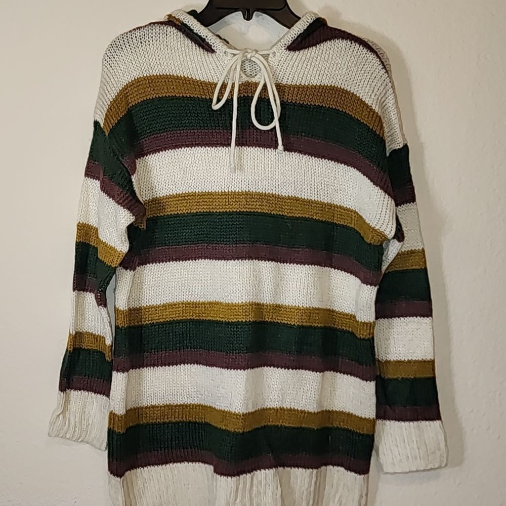 Doe & Rae Ivory, Green, Purple Striped Tie Neck Sweater NWOT